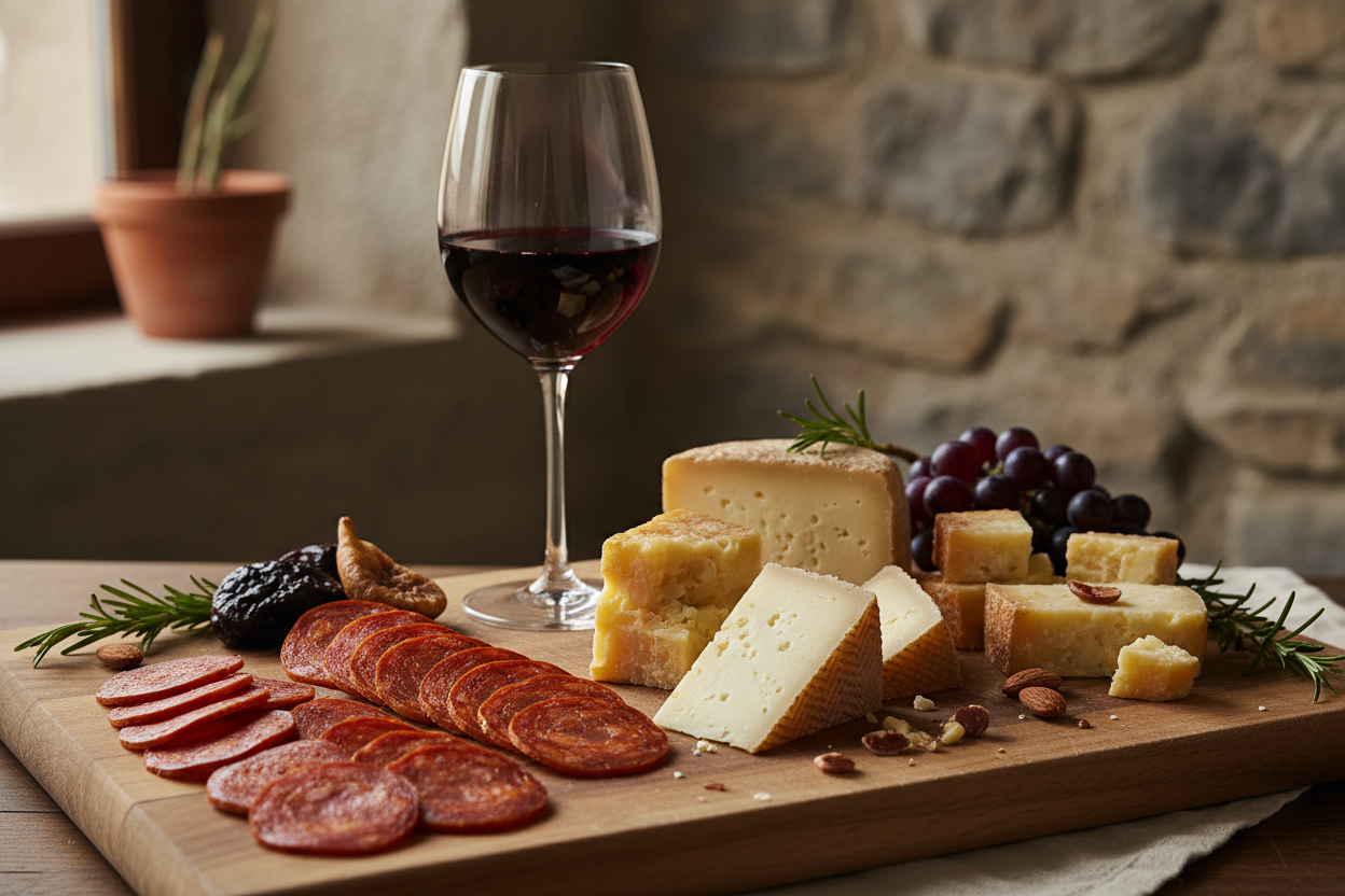 wine cheese and chorizo